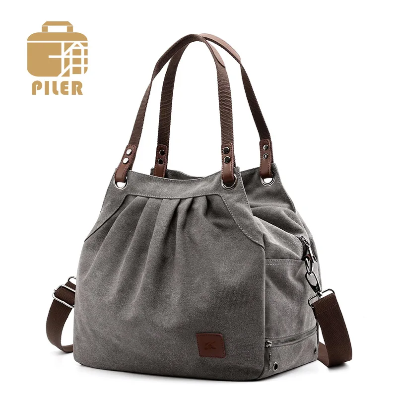 

Piler Canvas Women Bag Tote Handbag Ladies Designer Womens Bowling Shoulder Bag Handbags and Purses Hand Bag Canvas Female Solid Zipper Bucket Bag