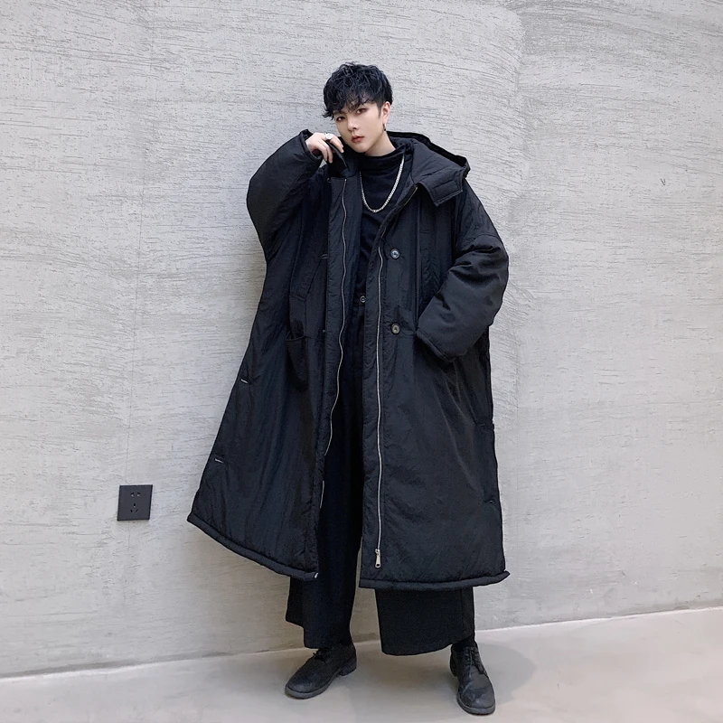 Men Winter Long Loose Hooded Parka Jacket Overcoat Male Japan Street Dark Black Cotton Padded Thick Coat Outerwear