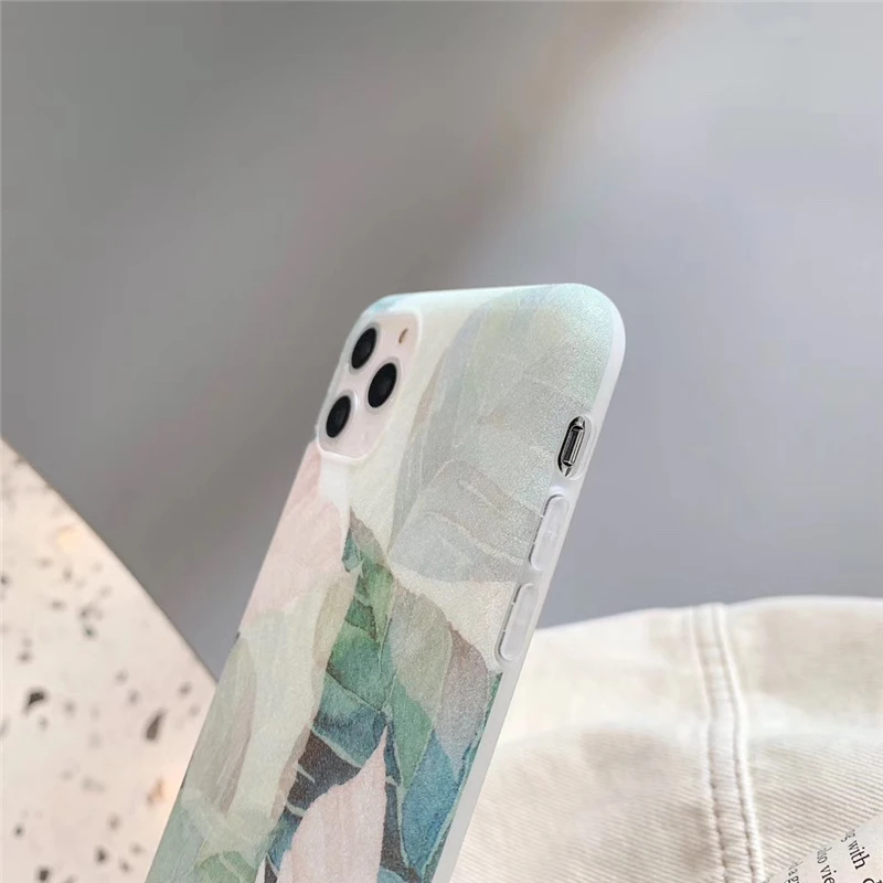 Шелковый ПРИНТ зеленые листья мягкий IMD чехол для телефона для iPhone 11 11Pro Max X XS Max XR 6 6S 7 8 Plus карамельный цвет матовая задняя крышка