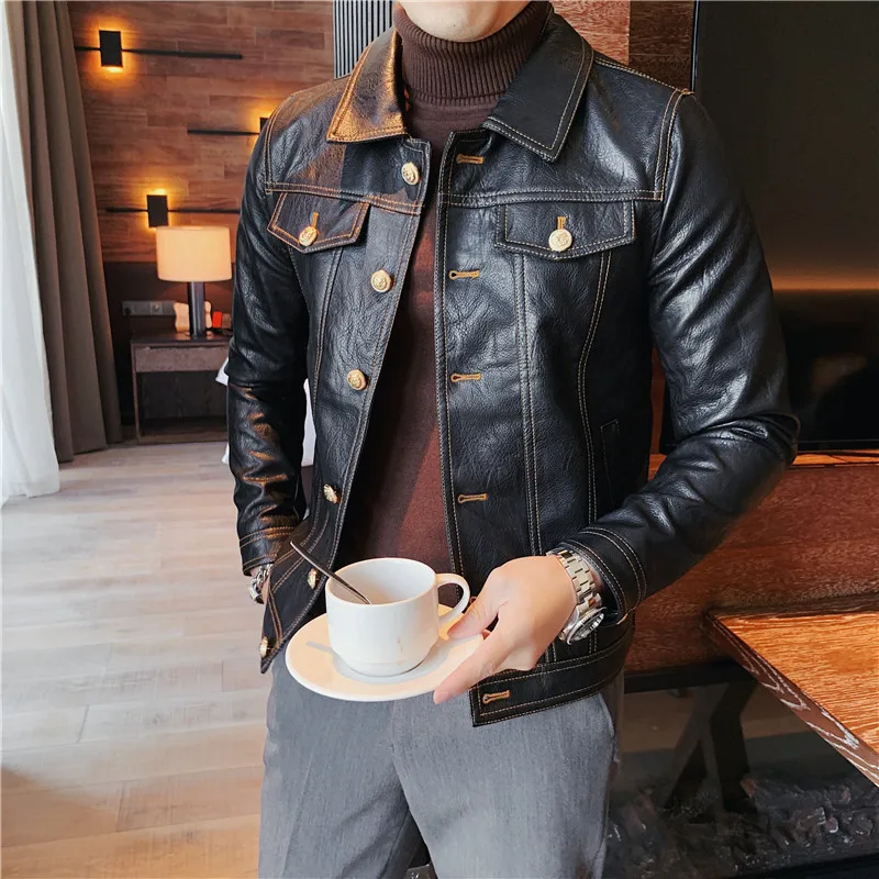 Alta qualità autunno inverno coreano Slim Fit monopetto colletto rovesciato  moto giacca in pelle PU abbigliamento uomo 2022 cappotti|Faux Leather  Coats| - AliExpress