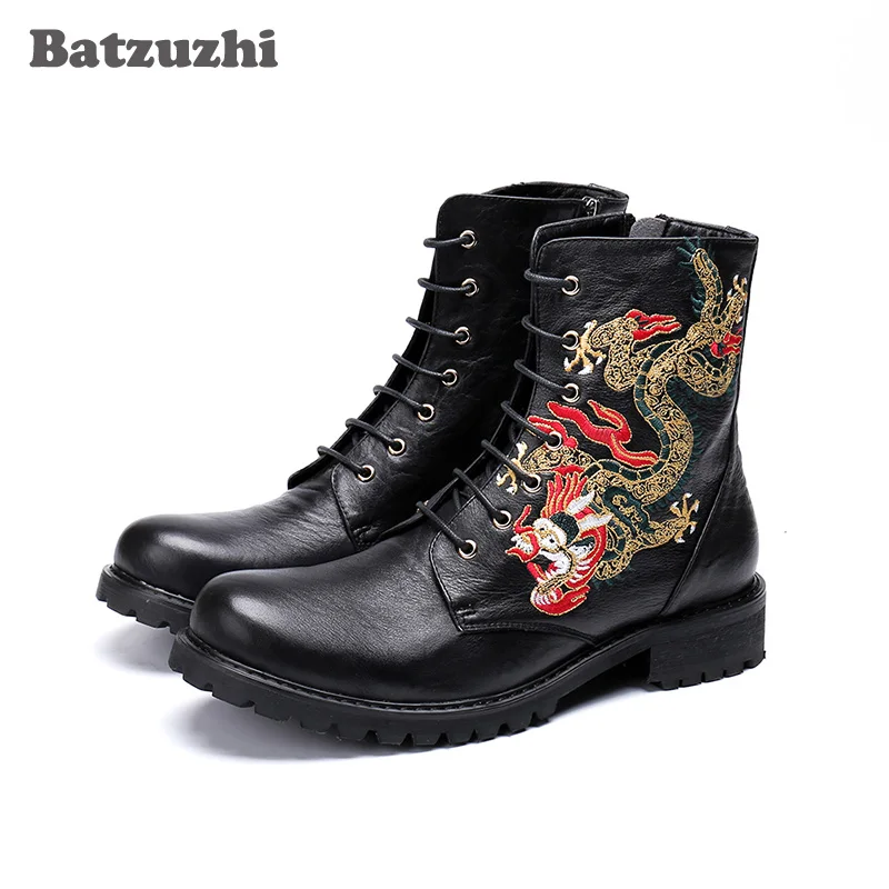 Черный Batzuzhi/кожаные мужские ботинки в байкерском стиле; модные мужские ботинки с круглым носком; botas hombre; Подиумные вечерние короткие ботинки - Цвет: Черный