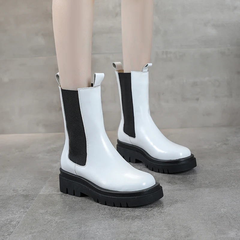 

Women Boots Round Toe Platform Thick Heel Mid-Calf Boots Woman Slip-on Chelsea Booties Autumn Winter Warm Fur Lining Boots White