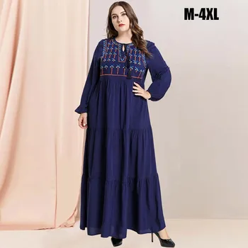 

BNSQ Plus Size Casual National Embroidery Maxi Dresses Long Sleeve Multi-Layer Wrinkle Big Swing Comfortable Pakistani Kaftan