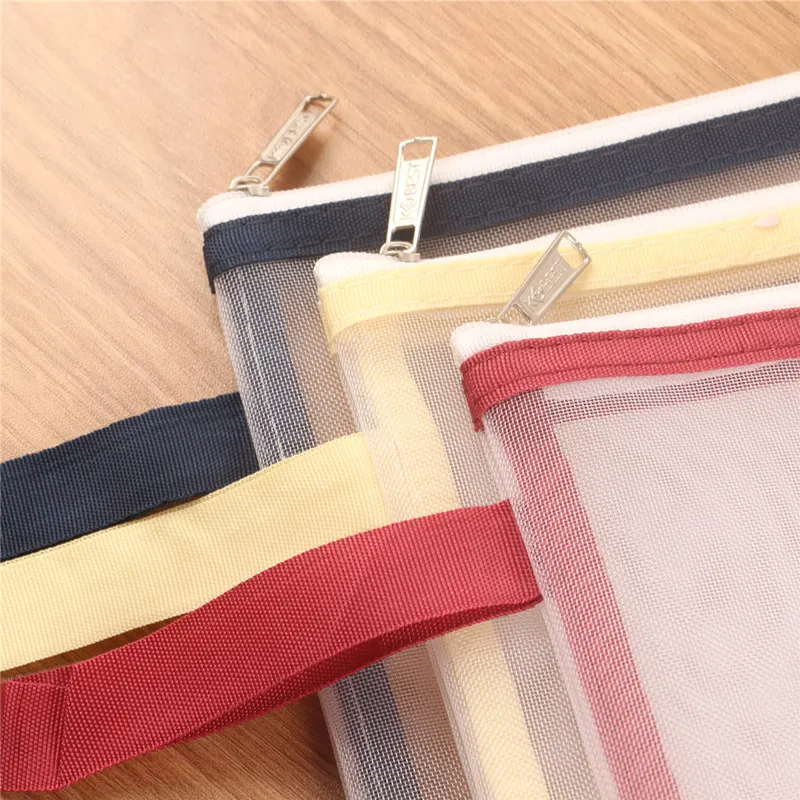 

KOBEST A4 File Holder Transparent Zipper Bag Nylon si wang dai Breathable Solid Color File Bag with Handle Single Layer Double L