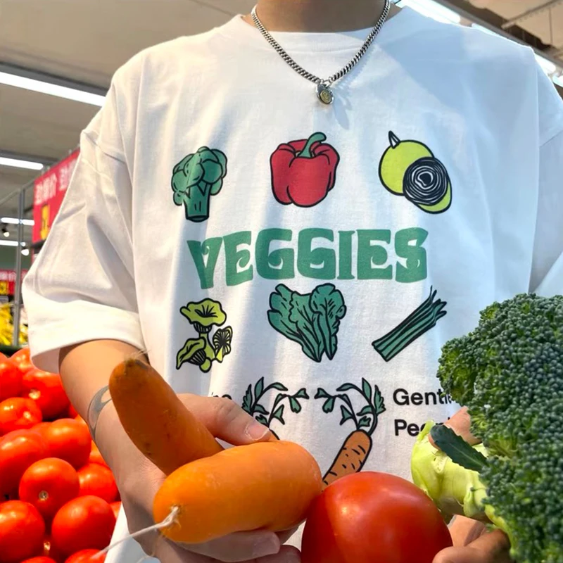 

1PCS Veggies Printed Cute Graphic Tee White Cotton Short Sleeve Casual Tshirt Plus Size O Neck Aesthetic Vegetarians Shirts