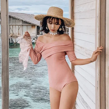

Swimwear Women One Piece May Female Beach Swimsuit Plus Size Bikini One-Piece Thin Long Sleeve Shoulder Girls Hot Patchwork
