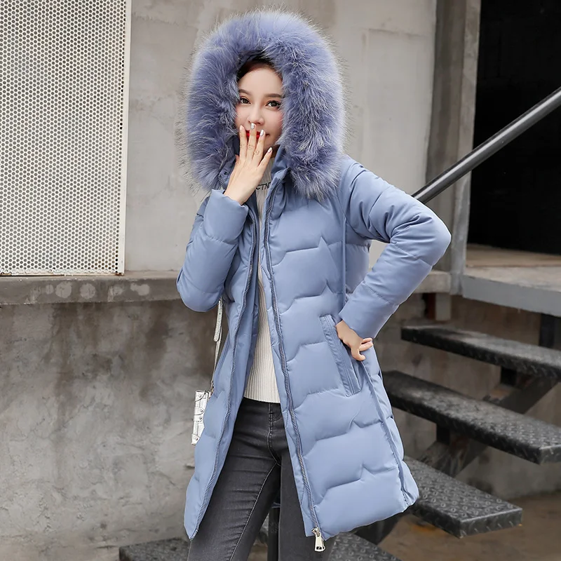 Зимняя женская куртка с меховым воротником, Толстая теплая парка с капюшоном, хлопковое Стеганое пальто, длинная куртка размера плюс 4XL, тонкая женская куртка - Цвет: Синий