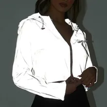 Цветная Светоотражающая Спортивная укороченная куртка на молнии для фитнеса, женская Свободная куртка для тренировок на открытом воздухе, пальто с капюшоном для спортзала, ветровка