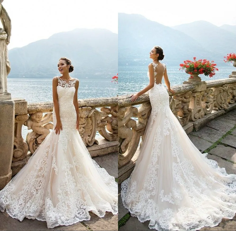 

Sexy Plus Size Backless Wedding Dresses 2019 Sheer Neck Tulle Mermaid Court Train Bridal Gowns African Customized