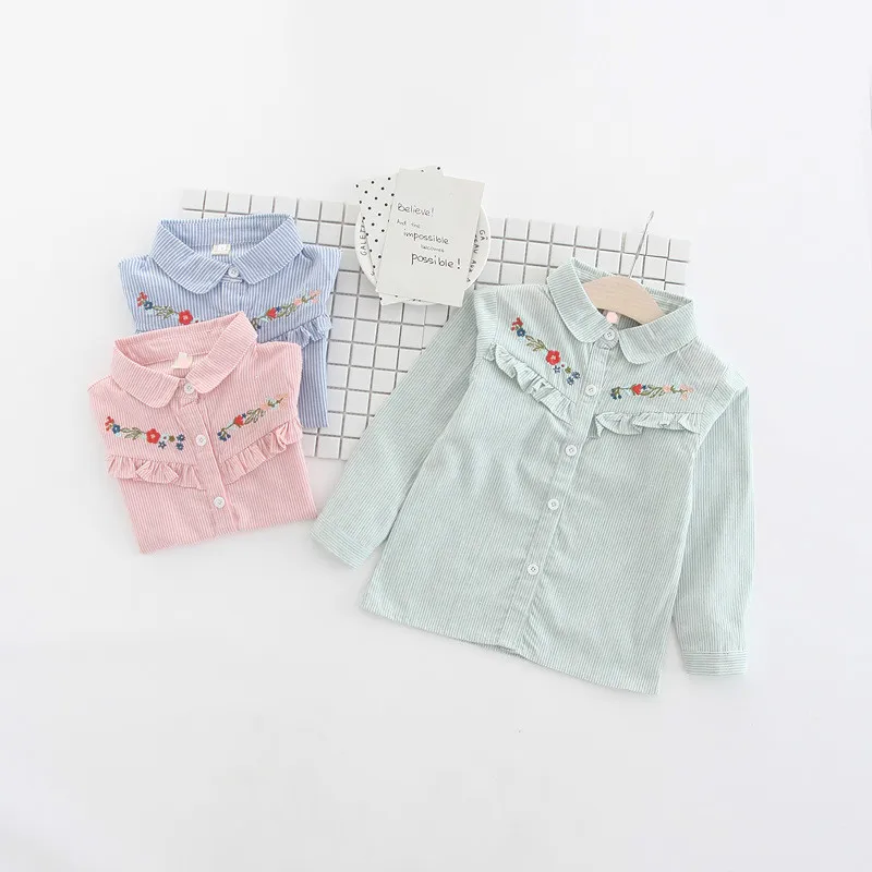 Детская одежда; сезон весна-осень; Детская рубашка с длинными рукавами для девочек Рубашка в Корейском стиле с цветочной вышивкой для маленьких детей