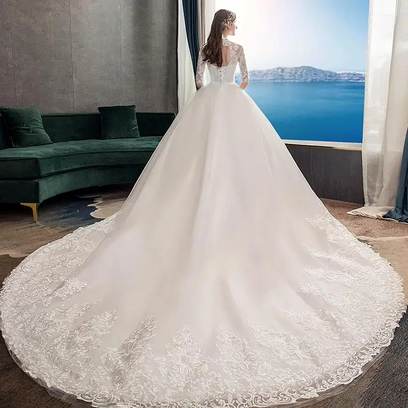 Элегантное роскошное кружевное платье с аппликацией и высоким воротом Vestidos De Novia Новое модное свадебное платье размера плюс винтажное свадебное платье - Цвет: with train 100 cm