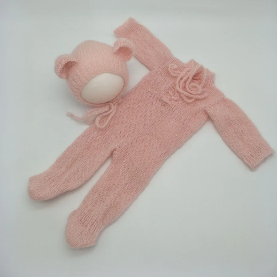 baby pink Наряд для фотосъемки новорожденных, комбинезоны для новорожденных и шапочка с медведем, комбинезон для новорожденных, шапочка-медвежонок, мохер, наряд для фотосессии - Цвет: baby pink