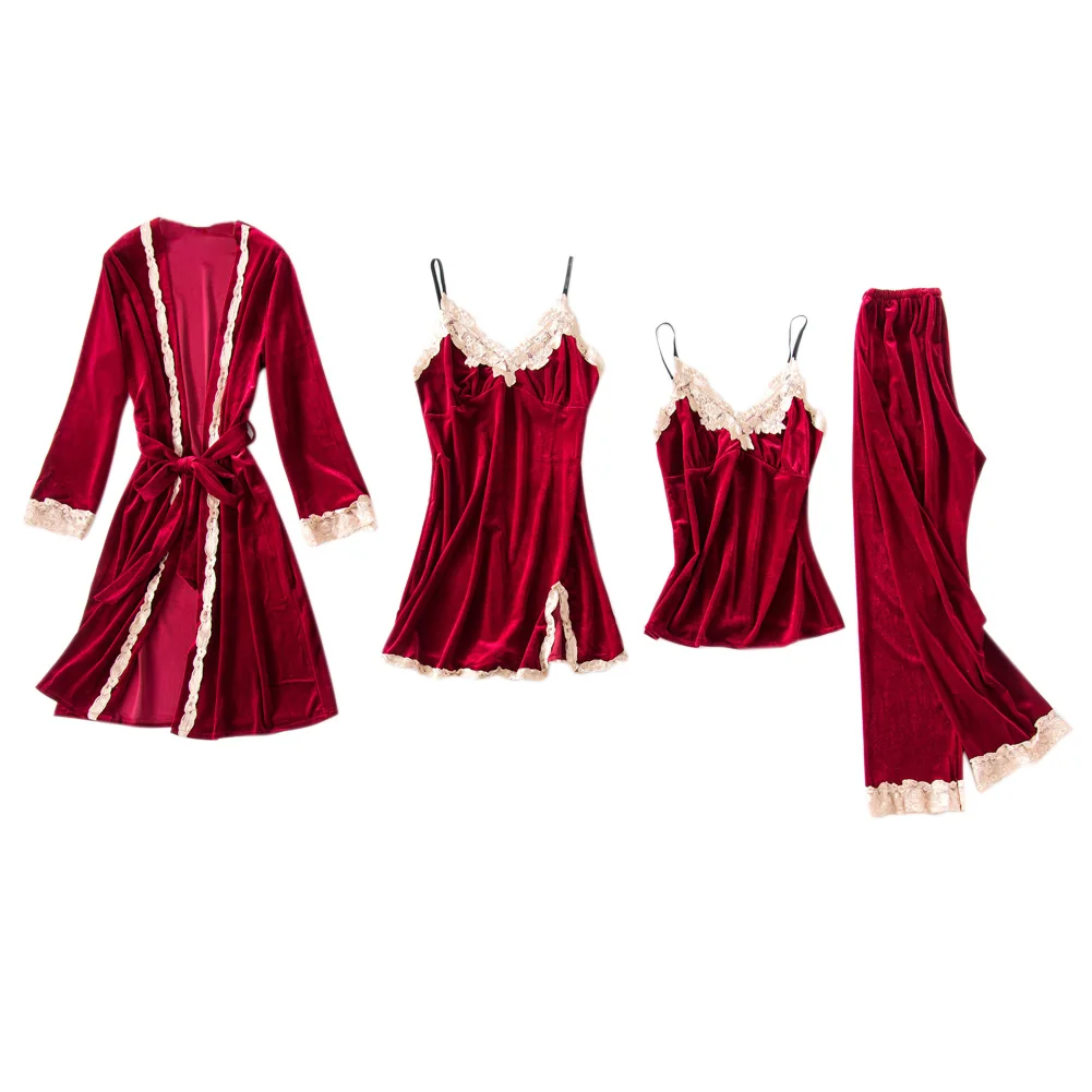 

Women Pajama Set Elegant Velvet Robe Dress Tops Pants 4Pcs/Set Sleepwear TH36