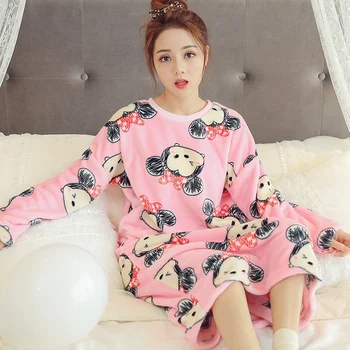 

2020 Winter Long Sleeve Thick Warm Flannel Nightgowns for Women Cute Cartoon Print Coral Velvet Sleepwear Night Dress Nightdress