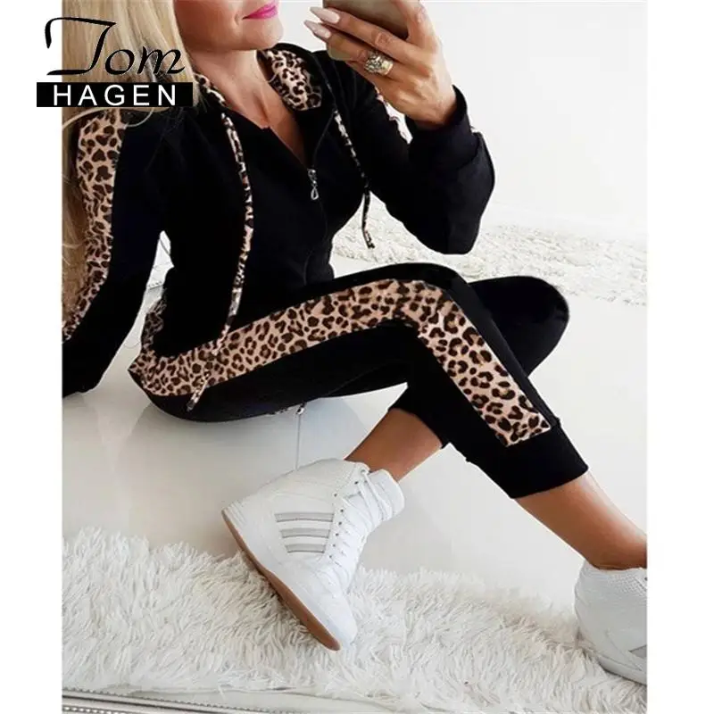 Tom Hagen 2 Piece Set Women Leopard Tracksuit Long Sleeve Pocket Plush Hoodie Winter Trousers Suit Pants Sweatsuits |