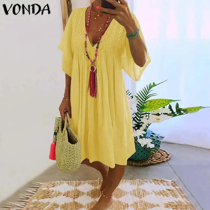 VONDA, богемное платье, женское летнее платье,, повседневное, свободное, сексуальное, глубокий v-образный вырез, гофрированное, вечерние, миди платье, Vestidos размера плюс S-5XL