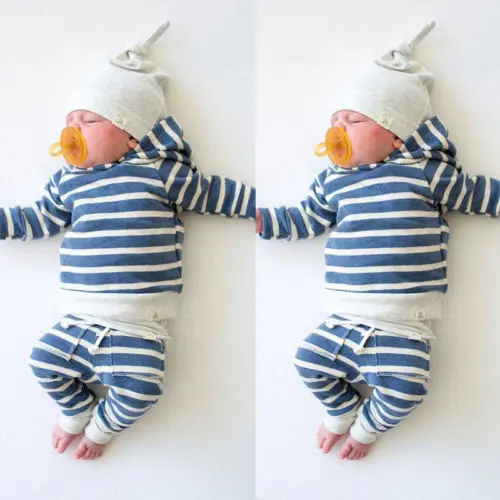 Imcute/2 предмета, одежда для малышей, подарок, одежда для маленьких мальчиков и девочек футболка с капюшоном и принтом в виде ушей топ+ штаны комплект одежды в полоску