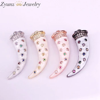 

10PCS, White Enameled Pendant with Crystal Zirconia, Tusk Horn Pendant