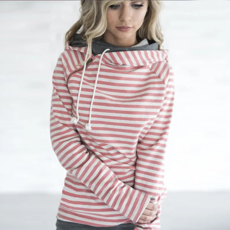 

S-3XL Plus Size 12 Color Autumn Winter Striped Print Patchwork Pullover Jumper Sweatshirt Hoodies Tops Pocket Women Hoodies 2019