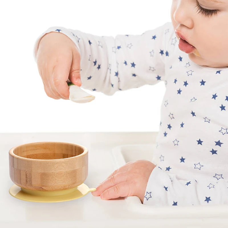 Baby Feeding Bowl Food Tableware Kids Wooden Training Plate Silicone Suction Cup Removable Wooden Fork Spoon Children's Dishes