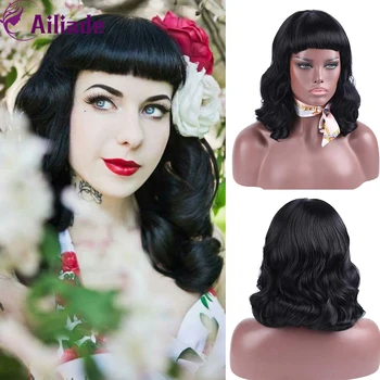 

AILIADE 2020 Short Wavy Synthetic Retro Style Wigs With Curly Bangs Black Vintage Wigs For Women Daily/Cosplay Free Shipping