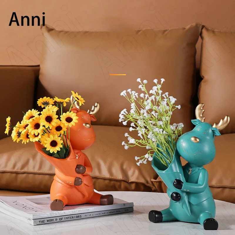 

Creative Resin Deer Decorative Vase Nordic Modern Dried Flowers Vases Living Room Countertop Vase Cartoon Animal Decor Ornaments