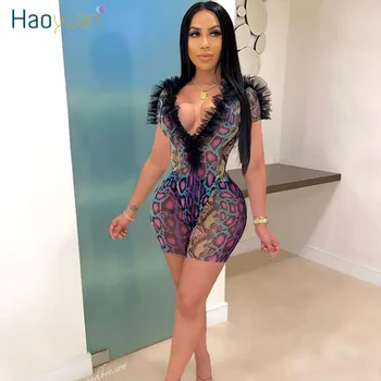 

HAOYUAN Sexy Snake Print Two Piece Set Summer Clothes for Women Matching Sets Mesh Ruffle Bodysuit+Shorts 2 Piece Club Outfits