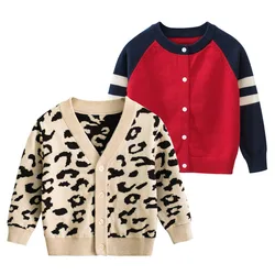 Primavera outono de malha cardigan camisola do bebê crianças listra roupas meninos meninas leopard suéteres crianças usam roupas do bebê menino 2 7y