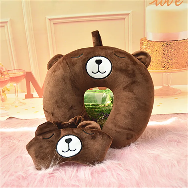 Soft Cartoon Embroidered Pattern Pillow U-shaped Neck Pillow Neck Protection Pillow Travel Plush Toys Give Sleeping Eye mask - Цвет: Темный хаки