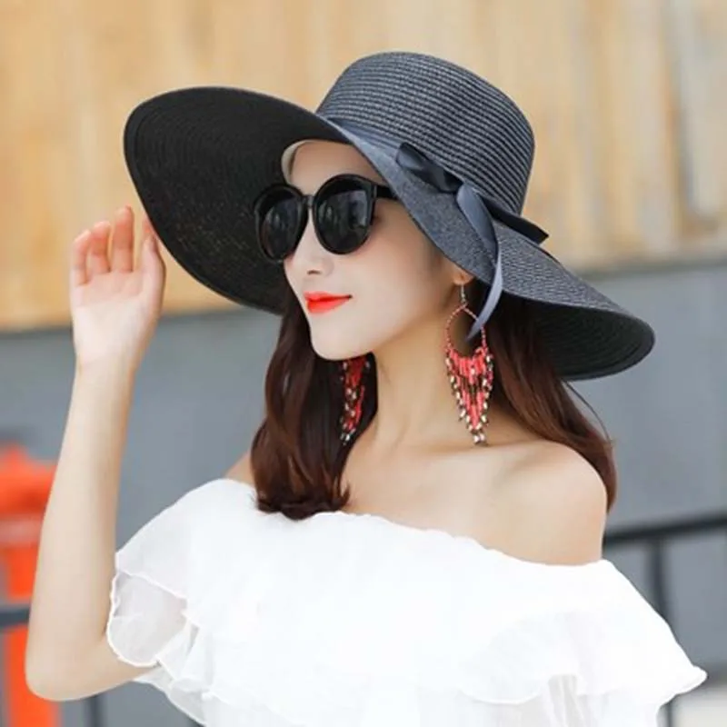 Simple Wide-Brimmed Floppy Disk Ladies Big Brimmed Straw Hat Beach Sunscreen UV Protection Female Bowknot Rope Travel Sun Hats40 |