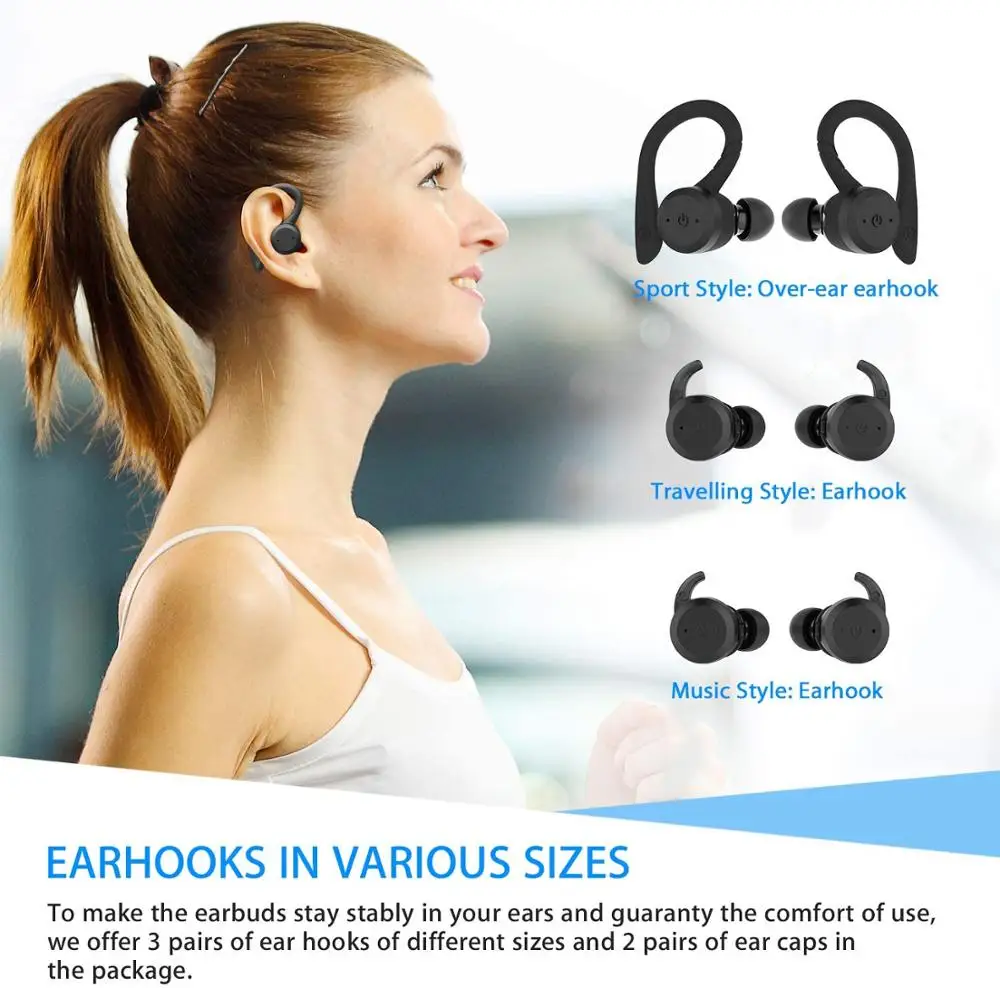 True Wireless Earbuds Bluetooth 5.0 Headphones IPX7 Waterproof Sports in Ear Headsets with Charging Case Micro Noise Cancelling