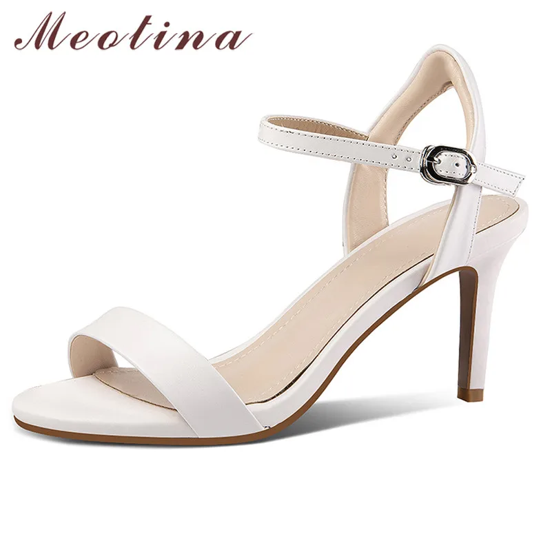 

Meotina Women Shoes Buckle Natural Genuine Leather Sandals Stiletto High Heel Ladies Shoes Round Toe Party Sandals Female Black