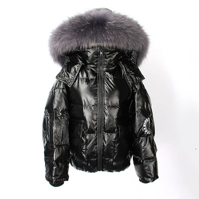 Black grey fur ZURICHOUSE Зимний пуховик женский роскошный пуховик из меха енота Модный глянцевый свободный пуховик с капюшоном Женский пуховик - Цвет: Black grey fur