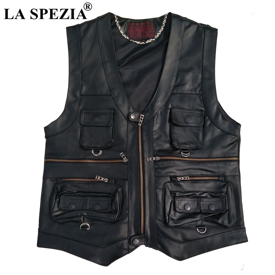black vest Мужской жилет с несколькими карманами, черный жилет для фотографии, натуральная кожа, мотоциклетный Байкерский жилет, Мужская осенняя куртка без рукавов для мужчин - Цвет: black vest