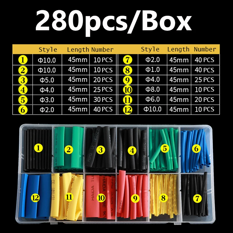 280PCS Car Wire Connector Shrinking Assorted Heat Shrink Tube Polyolefin Auto Motorcycle Wire Cable Insulated Sleeving Tubing