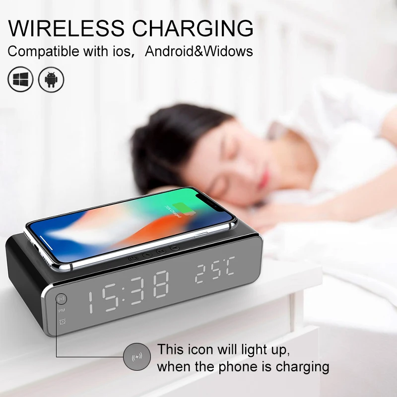 Wireless Charger For IPhone 11 Samsung Huawei With LED Electric Alarm Clock Digital Thermometer HD Mirror With Time Memory lightning car charger