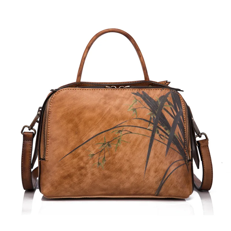 Johnature New Genuine Leather Retro Floral Handbags Women Bag Leisure Cowhide Handmade Zipper Shoulder& Crossbody Bags