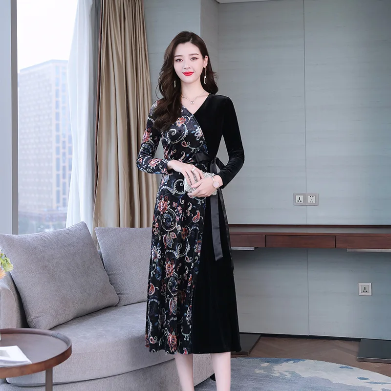 Elegant Nobility Gold Velvet Dress Spring Clothing New Style Lady Long over-the-Knee Lace-up Waist Hugging Base Skirt