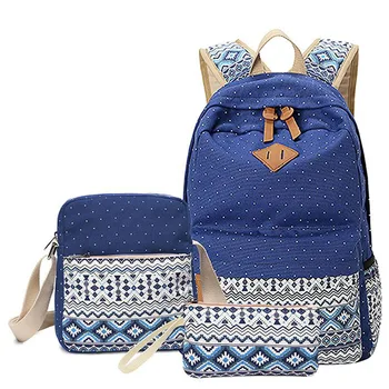 

3 pcs/set Polka Dot Printing Women Backpack Cute Lightweight Canvas Bookbags Middle High School Bags for Teenage Girls, Blue