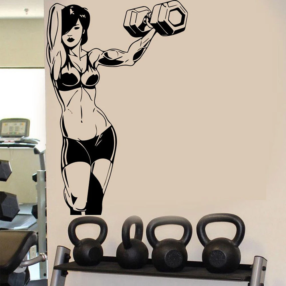 

Bodybuilder Wall Decal Gym Fitness Sport Sexy Muscles Woman With Barbell Wall Sticker Vinyl Art Decal for Gym Decor Mural C359