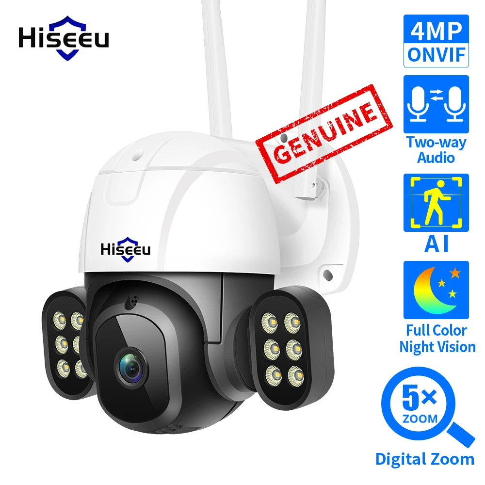 Hiseeu 4MP yard videcam Wifi PTZ AI сигнализация для обнаружения человека Цвет ночного видения