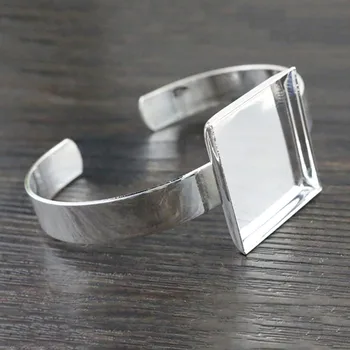 

High Quality 25mm Silver Plated Square Bangle Base Bracelet Blank Findings Tray Bezel Setting Cabochon Cameo K7-27