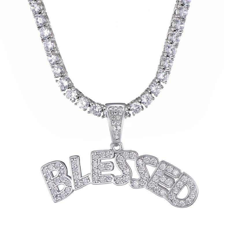 US7 Bling Iced Out буквы BLESSED кулон и ожерелье микро проложенные Rhinestoned подвески для мужчин хип хоп ювелирные изделия - Окраска металла: N02963S