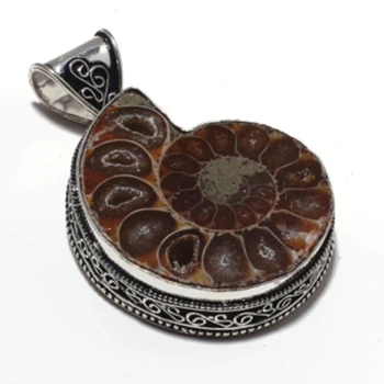 

Genuine Ammonite Fosil Pendant Silver Overlay over Copper , Hand Made Women Jewelry Gift, P8827