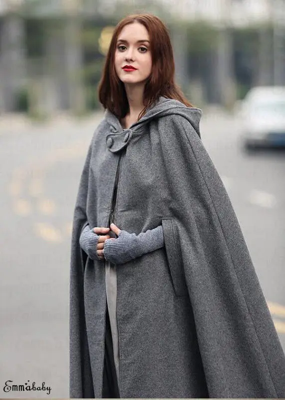 Women Winter Long Cape Cloak Warm Robe Wool Hooded Cloak Jacket Windproof Poncho Coat Costume