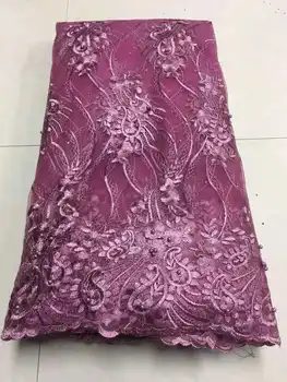 

Wine 3D Flower French Tulle Net Lace Fabric With Beads And Stones New High Quality African Lace Fabric For Women Dress