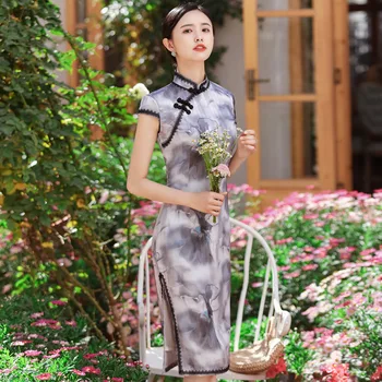 

Vintage Women Cheongsam Sexy Satin High Split Evening Party Dress Gown Vestidso Short Sleeve Gray Print Flower Qipao Big Size