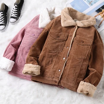 

New Women Winter Jacket Thick Fur Lined Coats Parkas Fashion Faux Fur Lining Corduroy Bomber Jackets Cute Outwear