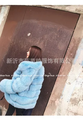 sky blue Женское короткое меховое зимнее пальто из искусственного меха размера плюс, стоячий воротник, длинный рукав, шуба из искусственного лисьего меха, весенние модные вечерние пальто - Цвет: sky blue