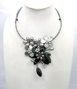 

bridesmaid gift Bead Necklace Beaded Jewelry Pearl With Mother of Shell Gray FW Black Lip